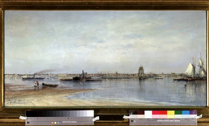 Utsikt över floden Nevas stränder i Sankt Petersburg (Saint-Petersburg) i Ryssland. Målning av Alexei Petrovich Bogolyubov (Bogoliubov eller Bogolioubov) (1824-1896)