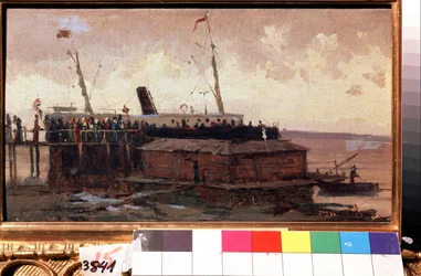 ""Utsikt över en ångbåt vid kajen i en hamn"" Målning av Alexei Petrovich Bogolyubov (Bogoliubov eller Bogoliubov) (1824-1896) 1874 State United Art Museum, Kostroma, Ryssland