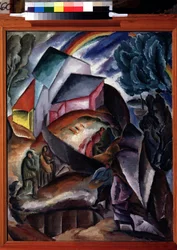 Regnbåge. Bergslandskap med en by och figurer, överträffad av en regnbåge. Målning av Alexei Ilyich Kravchenko (1889-1940), olja på duk, omkring 1920. Ryskt avantgarde, tidigt 1900-talslandskap. Statens Tretjakovgalleri,