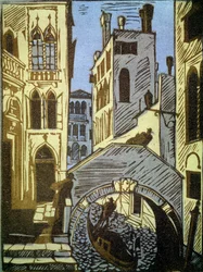 Venedig, Italien (Venedig). Kanal, gondol, bro och fasader av staden. Verk av Alexei Ilyich Kravchenko (1889-1940), träsnitt. Rysk konst, landskap från 1800- och 1900-talet. Statens Tretjakovgalleri, Moskva. (Ryssland).