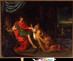 Priam och Achilles. Scen med karaktärer från det trojanska kriget. Målning av Alessandro Varotari känd som Il Padovanino (1588-1649). Olja på duk. Venetiansk konst, barockstil. Far Eastern Art Museum, Khabarovsk, Ryssland.