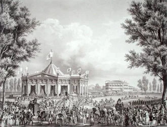 Procession som passerar paviljongen uppförd med anledning av Ferdinand I:s kröning (1793-1875)
