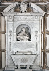 Begravningsmonument till hyllning till kardinal Giovanni Garcia Mellini med porträtt i byst Marmorskulptur av Alesssandro Algardi (1598-1654) 1630 runt Rom-basilikan Santa Maria del Popolo, Cappella Mellini