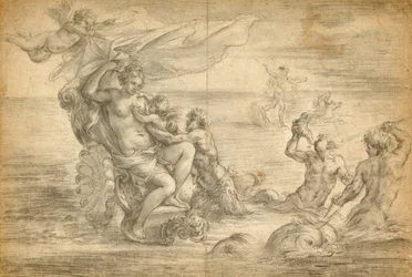 Venus sittande i sin havsvagn sugande Amor