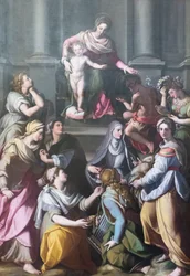 Madonna tronade med Child, omgiven av helgon och gestalter