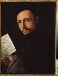 ""Porträtt av en sångare"" (En sångare) Målning av Alessandro Allori känd som Bronzino (1535-1607) Regional Art Gallery, Tambov, Ryssland