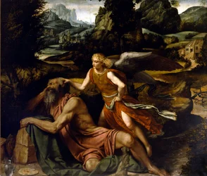 Elia som sover rätas ut av en ängel Målning av Alessandro Bonvicino dit il Moretto (1498-1554) 1500-talet Brescia, San Giovanni Evangelista-kyrkan