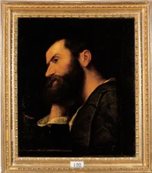 Porträtt av poeten Pietro Aretino, bystlängd, vilande huvudet på höger hand vid en avsats med en växt