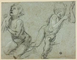 Skisser av två Putti, varav en håller den döde Kristus hand (recto); Torso och ben av knäböjande figur (verso)