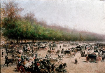 Vy över vagnstrafik nära porta Venezia i Milano (målning, ca 1850)