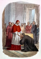 Clement VII (1478 - 1534, Jules de Medicis) accepterar invigningen av "Istorie Fiorentine" av Niccolo di Bernardo dei Machiavelli (Nicolas Machiavel