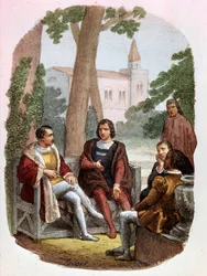 Fabrizio Colonna och Cosimo Rucellai diskuterar krigskonsten - i "" Kompletta verk av Niccolo Machiavelli "", Illustration av Alessandro Focosi (1836 - 1869). "The Art of War" av Niccolo av Bernardo Dei Machiavelli (Nicolas Machiavel