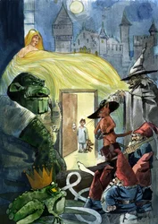 Ett barn som stirrar på sagornas karaktärer som Puss i stövlar, en prinsessa och en padda, Seven Dwarfs