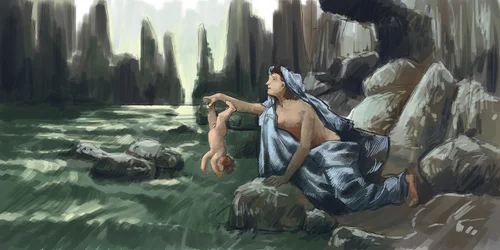 Akilles mor sänker sin son i floden Styx med hälen först för att göra honom osårbar, teckning av Alessandro Lonati, 2015