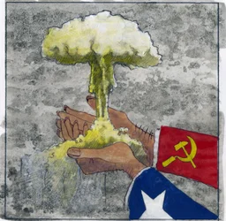 Allegorisk framställning av kalla kriget som amerikanska och sovjetiska händer som håller atomsvampen, illustration av Alessandro Lonati