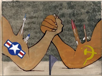 Allegorisk framställning av kalla kriget som armbrytning mellan Amerikas och Sovjetunionens väpnade styrkor. Illustration av Alessandro Lonati