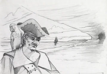 Karibisk pirat med papegoja som letar efter en skatt i en grotta på en strand, med galjon. Teckning av Alessandro Lonati.