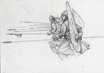 Ansvar för normandiska krigare av infanteriet i slaget vid Hastings 1066. Teckning av Alessandro Lonati.