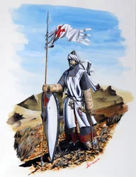Korståg: en riddare av Tempelherreorden iförd vit rock med Röda Korset. Illustration av Alessandro Lonati