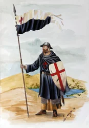 Korstågen: en riddare av Tempelherreorden klädd i svart dräkt med Röda korset. Illustration av Alessandro Lonati