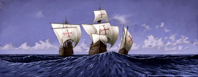 Upptäckten av Amerika: «Pinta», «Niña» och «Santa María», Christofer Columbus karaveller under expeditionen 1492. Illustration av Alessandro Lonati. 2010