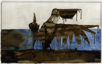 Ekologisk katastrof: en oljad fågel på en strand efter förlisningen av en oljetanker Illustration av Alessandro Lonati