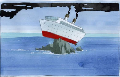 Ekologi: Noahs båge som ett förorenande kryssningsfartyg strandsatt på ett rev Illustration av Alessandro Lonati