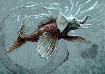 Fantastiska monster och varelser, kryptozoologi: framställning av en makara, ett vattenlevande djur ur Indiens mytologiska bestiarium; den har en snabel som får den att likna en sjöelefant, en krokodiltand och en fiskstjärt