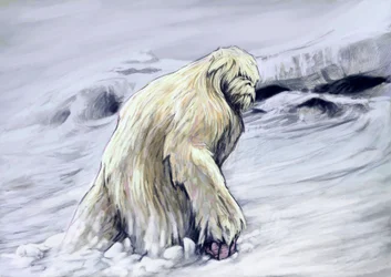 Fantastiska monster och varelser, kryptozoologi: skildring av en yeti eller ”avskyvärd snöman”, en antropomorf varelse ur Himalayaregionens folktro (Yeti eller Den Avskyvärda Snömannen är en apliknande kryptid som sägs leva i Himalayaregionen i Ne)