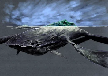 Fantastiska monster och varelser, kryptozoologi: representation av en zaratan, monstruös havssköldpadda, som liknar en ö Teckning av Alessandro Lonati, 2012