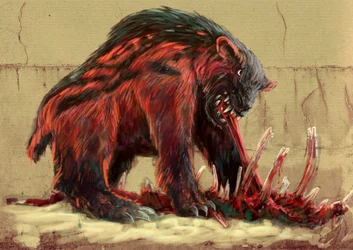 Fantastiska monster och varelser, kryptozoologi: Nandi-björnen, som lever på savannerna i Tanzania och Kenya (kerit, chimit, kikambungure, duba och sabroukoo) - (Nandi-björnen, även känd som Ngoloko) Teckning av Alessandro Lonati, 2012