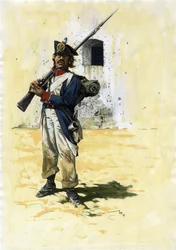 Första imperiet (1804-1804 och 1815): infanterisoldat och skytt av den franska infanteribrigaden av den stora Napoleonska armén i ett fort. Teckning av Alessandro Lonati.