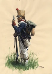 Första imperiet (1804-1814 och 1815): Fransk infanteristsoldat från den stora Napoleonska armén i lantklänning