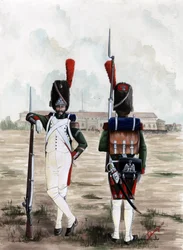 Första imperiet (1804-1814 och 1815): Grenadjärsoldater från Royal Guard of the Great Napoleonic Armee på torget i Sforzesco Castle i Milano, Italien. Teckning av Alessandro Lonati