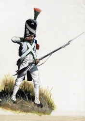 Första imperiet (1804-1814 och 1815): Velitesoldat från den stora Napoleonska armén i Italien som öppnar en patron. Teckning av Alessandro Lonati