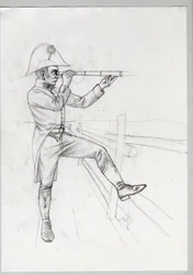 Första imperiet (1804-1814 och 1815): senior soldat från den stora franska Napoleonarmén i observation med lång sikt (långsikt). Oavslutad teckning av Alessandro Lonati.