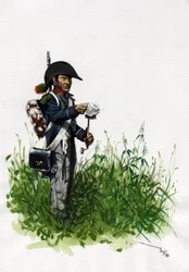 Första imperiet (1804-1814 och 1815): soldat infanterist jägare från den stora franska Napoleonska armén. Teckning av Alessandro Lonati