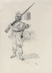 Första imperiet (1804-1814 eller 1815): soldat från Napoleonarmén, infanteristsoldat från en brigad ryttare i ett fort. Teckning av Alessandro Lonati
