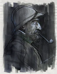 Första världskriget 1914-1918: Profilporträtt av en soldat från den italienska armén som röker pipa 1915. Teckning av Alessandro Lonati