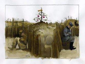 Första världskriget: ensamheten hos två fientliga soldater, brittiska (vänster) och tyska i skyttegraven, vid jultid 1914-1918 Illustration av Alessandro Lonati