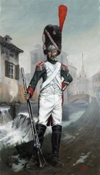 Första imperiet (1804-1814 och 1815): Italienska grenadjärsoldater nära Milanos kanal med katedralen i bakgrunden. Teckning av Alessandro Lonati