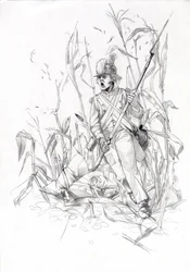 Första imperiet (1804-1814 och 1815): soldat från Napoleonska armén, infanterist stormade genom ett majsfält med en sårad kamrat. Teckning av Alessandro Lonati