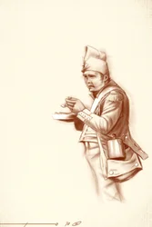 Första imperiet: lätt infanterisoldat under måltid under Napoleon I:s fälttåg (troligen i Ryssland) Början av 1800-talet. Illustration av Alesandro Lonati. 2010