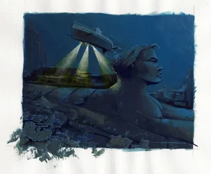 Illustration av myten om ön som försvann under Atlantis hav (Atlantis): en ubåt (ubåt) utforskar bottnarna och upptäcker ruinerna av den legendariska ön. Färgteckning av Alessandro Lonati.