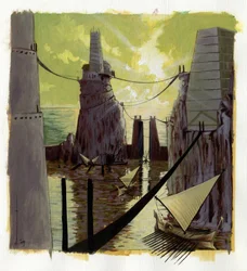 Illustration av myten om att ön försvann under Atlantishavet: utsikt över den grekiska staden på den legendariska ön innan den försvann. Färgteckning av Alessandro Lonati.