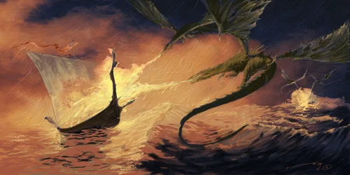 Legendarisk varelse: Drake attackerar en Drakkar (vikingabåt) Ritning av Alessandro Lonati