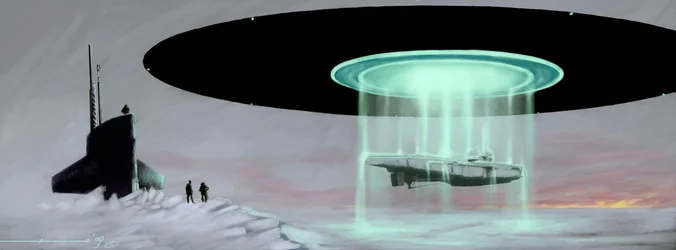 Möte vid Nordpolen mellan en U-båt och ett flygande tefat (UFO eller utomjording) för återlämnande av en ubåt som tagits av utomjordingar under kriget. Teckning av Alessandro Lonati