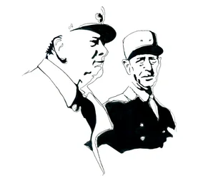 Porträtt av general Charles de Gaulle och Winston Churchill