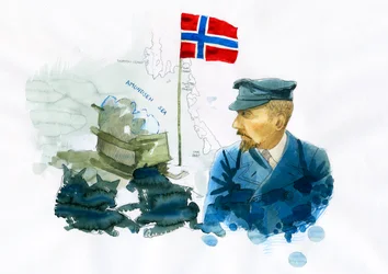 Porträtt av den norske sjömannen och upptäcktsresanden Roald Amundsen (1872-1928) (Porträtt av den norska upptäcktsresanden i polarområdena Roald Amundsen) Illustration av Alessandro Lonati
