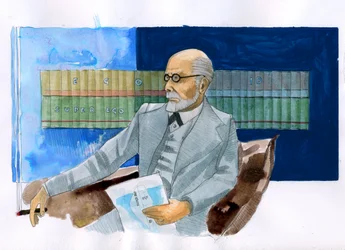 Porträtt av Sigmund Freud (1856-1939), österrikisk psykiater (Porträtt av Sigmund Freud österrikisk neurolog och psykoanalysens fader) - Illustration av Alessandro Lonati
